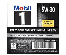 Mobil 1 5W-30 full synthetic motor oil box with Triple Action label