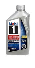 Mobil 1 High Mileage 5W-30 synthetic motor oil bottle with silver screw cap