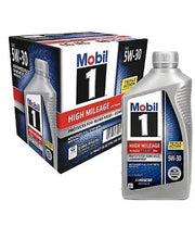 Mobil 1 High Mileage 5W-30 motor oil carton and 1 qt bottle, silver cap