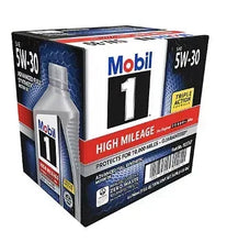 Mobil 1 High Mileage 5W-30 motor oil carton, black blue label box