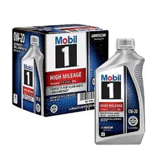 Mobil 1 High Mileage motor oil 0W-20, full synthetic 1 qt bottle and carton