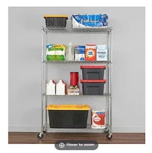 4-tier wire shelving unit with gray metal frame and open wire shelves