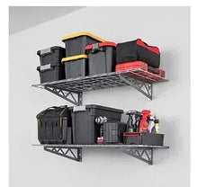 Wall-mounted metal shelves with accessory hooks, dark hammertone, two levels