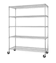 5-tier wire shelving unit with open wire shelves and four caster wheels