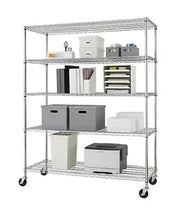 5-tier wire shelving unit with chrome frame and rolling caster wheels