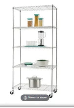 5-tier wire shelving unit with NSF label and rolling casters, rectangular frame