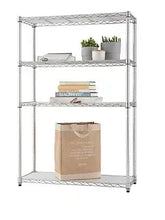 4-tier wire shelving unit with shelves and storage liners, standing on legs