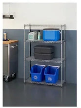 4-tier wire shelving with blue plastic storage bins and liners, NSF marked