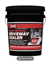 Black driveway sealer bucket with red and white label and handle, 4.75 gal