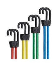 Set of bungee cords with black hooks and colored sleeves: red yellow green blue