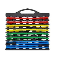 Bungee cord organizer bundle with black handle and stacked red yellow green blue cords