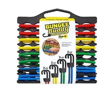 Bungee cord organizer with hanging handle, assorted red yellow green blue cords in pack