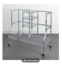 Metal golf equipment organizer rack with three-tier wire shelves and casters