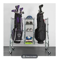 Golf equipment organizer rack with two bag holders and storage shelves