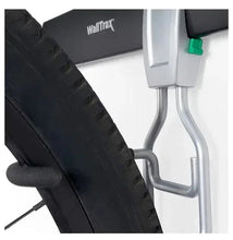 Wall rail mount with black padded bike support arm and green release clip