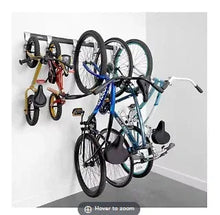 Wall-mounted bike storage rail with curved arms and frame hangers