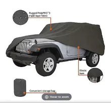 Dark gray Jeep cover with elastic hem, rugged triple-layer fabric, storage bag