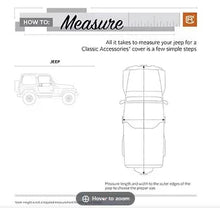 Jeep cover measuring guide with front and top diagrams and size instructions