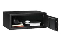 Large personal safe open with internal shelves, electronic lock on door