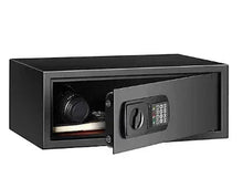 Large personal safe open, electronic keypad door swung out, interior visible