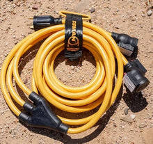Yellow power cord coil with multiple molded plugs and FIRMAN label