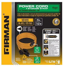 Power cord retail package with storage strap for portable generator or RV
