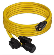 Yellow power cord with molded plugs and three grounded outlet connectors