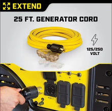 25 ft generator cord connected to four outlet ports on control panel