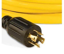 Yellow generator extension cord with black three-prong plug