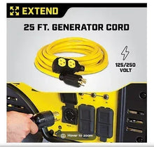Yellow 25 ft generator cord with multi-outlet adapter and 125/250V connectors