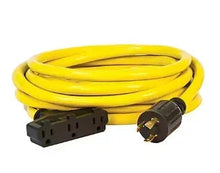 Yellow coiled extension cord with three outlet ends and L5-30P generator plug