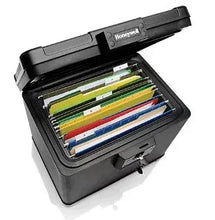 Honeywell file chest with lid open, black safe holding labeled folders