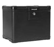 Honeywell fireproof waterproof file chest, closed black front and side view