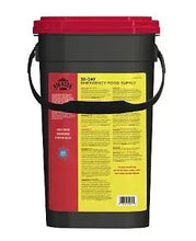 Emergency food storage pail with red lid, back label and handles