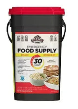 Emergency food storage pail with red lid, 30-day deluxe food supply label