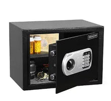 Digital lock safe with open door, keypad and handle, dark gray steel body
