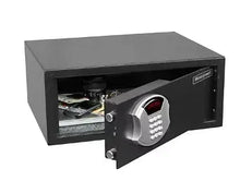 Metal safe with digital keypad lock, open door, silver and red details