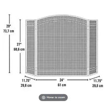 Fireplace screen size diagram with arched mesh frame and measurements