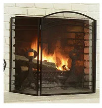 Fireplace screen with black metal mesh and double panel design