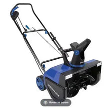 Electric snow thrower with blue handle and black auger housing, front chute and wheels