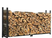 Metal firewood rack with dark vertical posts and stacked logs on mesh back