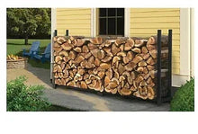 ShelterLogic firewood rack with stacked firewood logs, metal mesh sides
