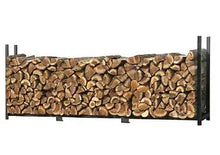 ShelterLogic firewood rack filled with logs, low front and black metal sides
