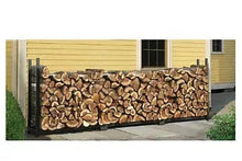 ShelterLogic 12' firewood rack with stacked logs inside, black steel posts