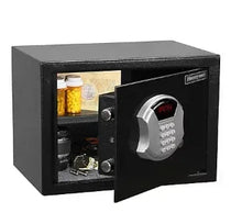Small dark safe with open door, digital lock keypad and interior shelf visible