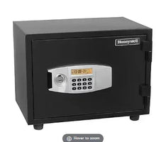 Fire and security safe with digital keypad and key lock, black, Honeywell logo on door