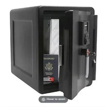 Black fireproof waterproof safe open with digital keypad area and passport compartment