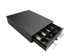 Dark cash drawer with open top showing 4 bill and coin compartments, keys included