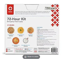 Emergency food supply kit back panel, 72-hour kit info with recipe and serving icons