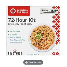 Emergency food supply kit box, 72-hour kit with food bowl graphic and Red Cross logo